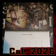 Calendrier 2026 par Cyb – portraits d’une femme zombifiée en robe rose sur une balançoire et d’une créature grotesque aux lunettes rondes, pour le mois d’octobre.
