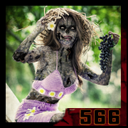 Femme zombifiée en maillot en crochet violet, chapeau de paille, grappe de raisin – vanité numérique, création 566 par Cyb