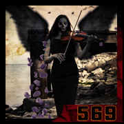 Zombie woman in black dress playing violin, dark wings and falling petals – creation 569 by Cyb