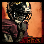 Zombified American football player holding a cracked skull, in a red, burning atmosphere of macabre vanity. – creation 573 by Cyb