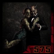 A macabre couple dancing the tango, a zombified woman in an elegant dress and a horned man in a suit, an atmosphere of dark vanity. – creation 575 by Cyb