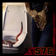 A macabre horror scene in a bathroom, a toilet from which worms and a decomposing hand emerge, an atmosphere of dark vanity. – creation 576 by Cyb