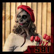 <Femme zombifiée au béret rouge tenant des tulipes, contraste entre douceur florale et décomposition, atmosphère de vanité sombre. – création 581 par Cyb