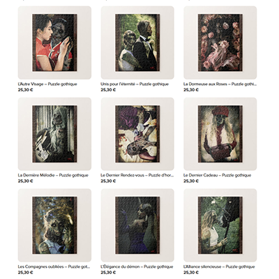 A preview of the AccesCyb Puzzles shop, featuring nine gothic puzzles created from Cyb's artwork.