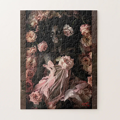 The Sleeping Woman with Roses – a Gothic puzzle depicting a silhouette surrounded by pink flowers, created by Cyb.